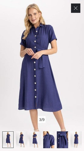 DeFacto Shirt Collar Linen Look Midi Short Sleeve Dress Size 38