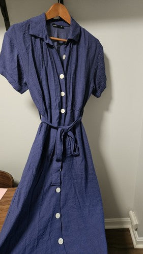 DeFacto Shirt Collar Linen Look Midi Short Sleeve Dress Size 38