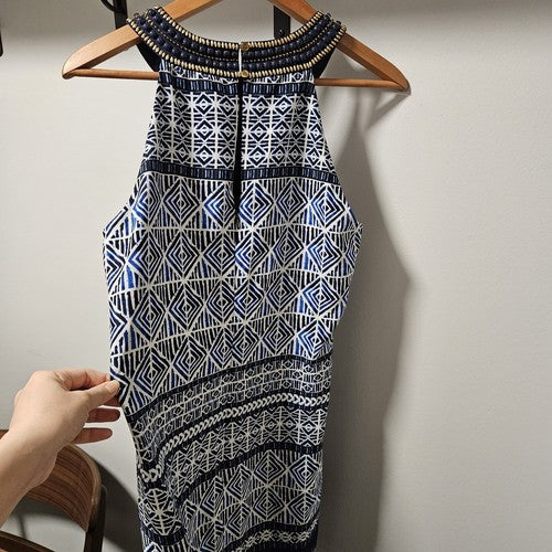 Vince Camuto Dress Blue Geometric Beaded Neck Slip Sheath Sun Tank Dress