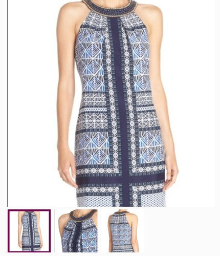 Vince Camuto Dress Blue Geometric Beaded Neck Slip Sheath Sun Tank Dress