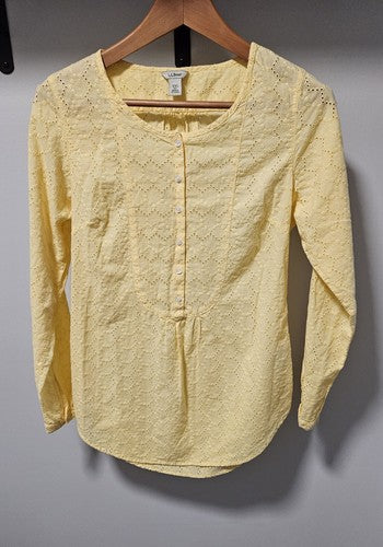 L.L. Bean Women’s Cotton Floral Eyelet Blouse Top Yellow Long Sleeve Size Xxs