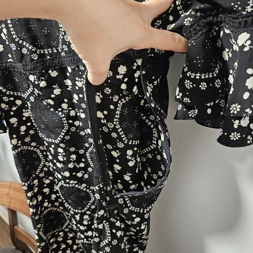 Free People Geo Garden Mini Dress Womens Size 2 Black Floral Ruffle Sleeves