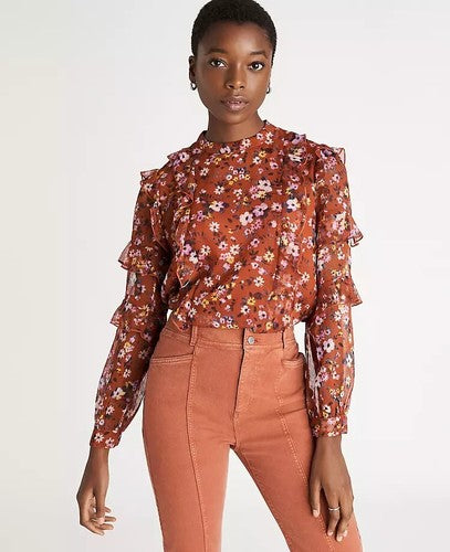 Floral Ruffle Mock Neck Top Size SP