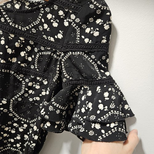 Free People Geo Garden Mini Dress Womens Size 2 Black Floral Ruffle Sleeves