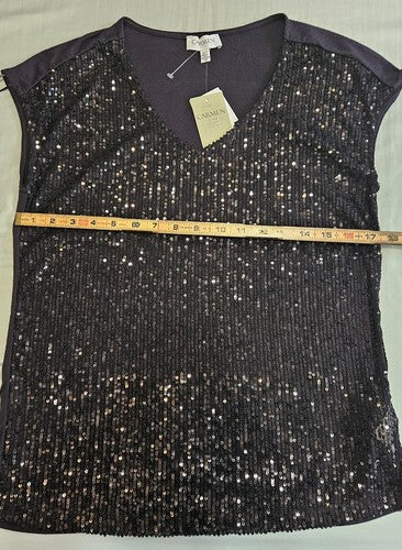 Carmen Marc Valvo Neck Sleeveless Front Embellished Sequined Blouse Top Size S