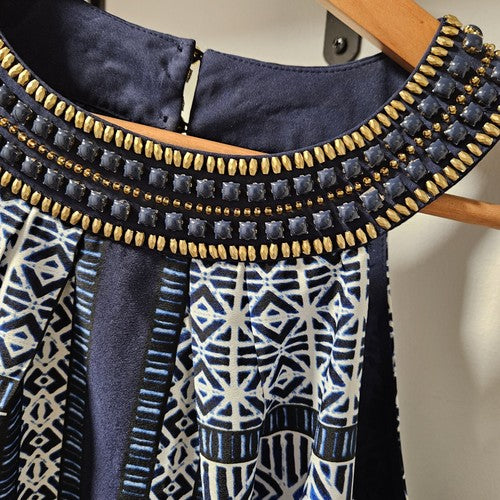 Vince Camuto Dress Blue Geometric Beaded Neck Slip Sheath Sun Tank Dress