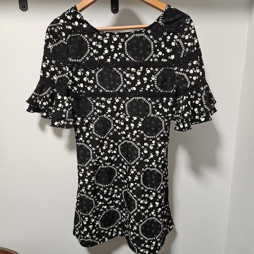 Free People Geo Garden Mini Dress Womens Size 2 Black Floral Ruffle Sleeves