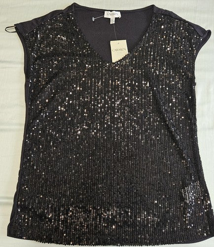 Carmen Marc Valvo Neck Sleeveless Front Embellished Sequined Blouse Top Size S