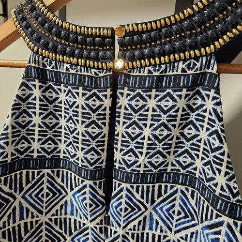 Vince Camuto Dress Blue Geometric Beaded Neck Slip Sheath Sun Tank Dress