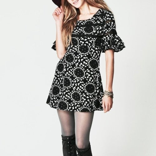 Free People Geo Garden Mini Dress Womens Size 2 Black Floral Ruffle Sleeves