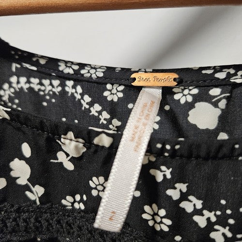 Free People Geo Garden Mini Dress Womens Size 2 Black Floral Ruffle Sleeves